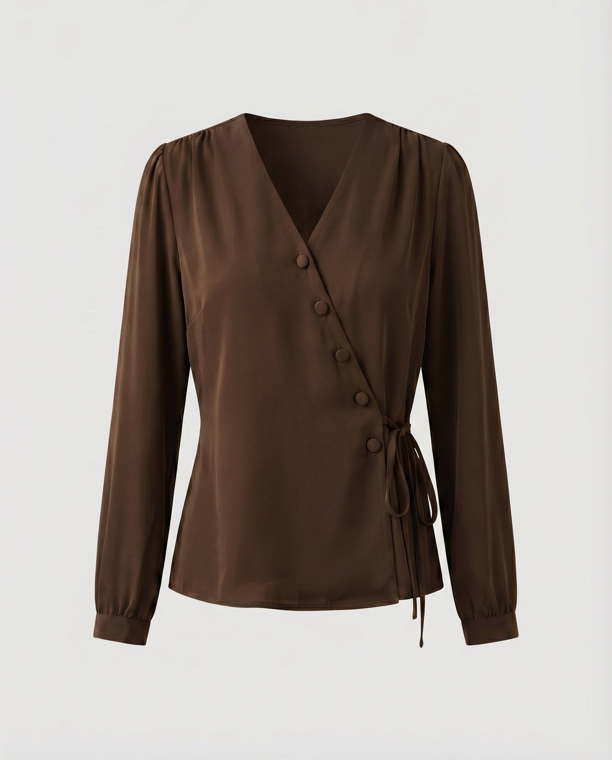 Women's elegant blouse shirt with modern wrap design and fine button details - product shot