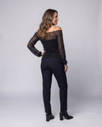 Women Elegant, sparkling blouse shirt with transparent sleeves - back view