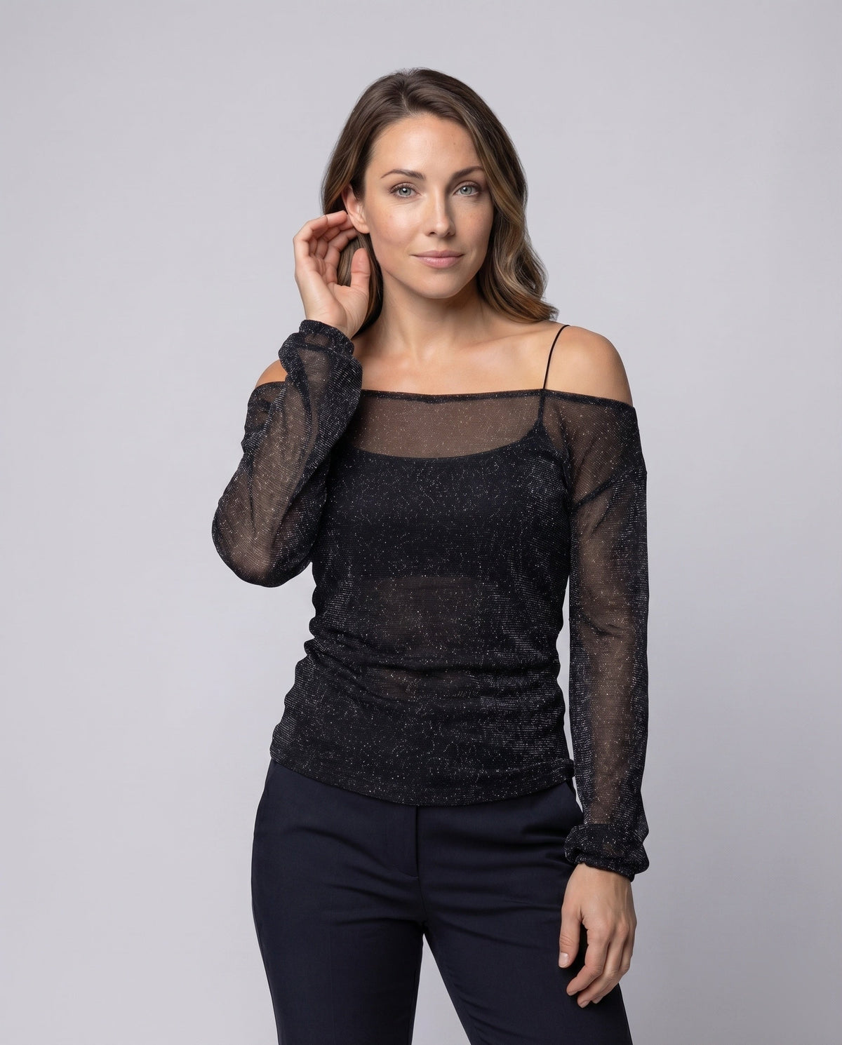 Women Elegant, sparkling blouse shirt with transparent sleeves - upper body view