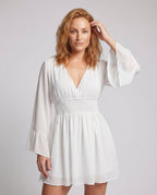 Women's elegant V-neck blouse dress with voluminous sleeves - upper body view