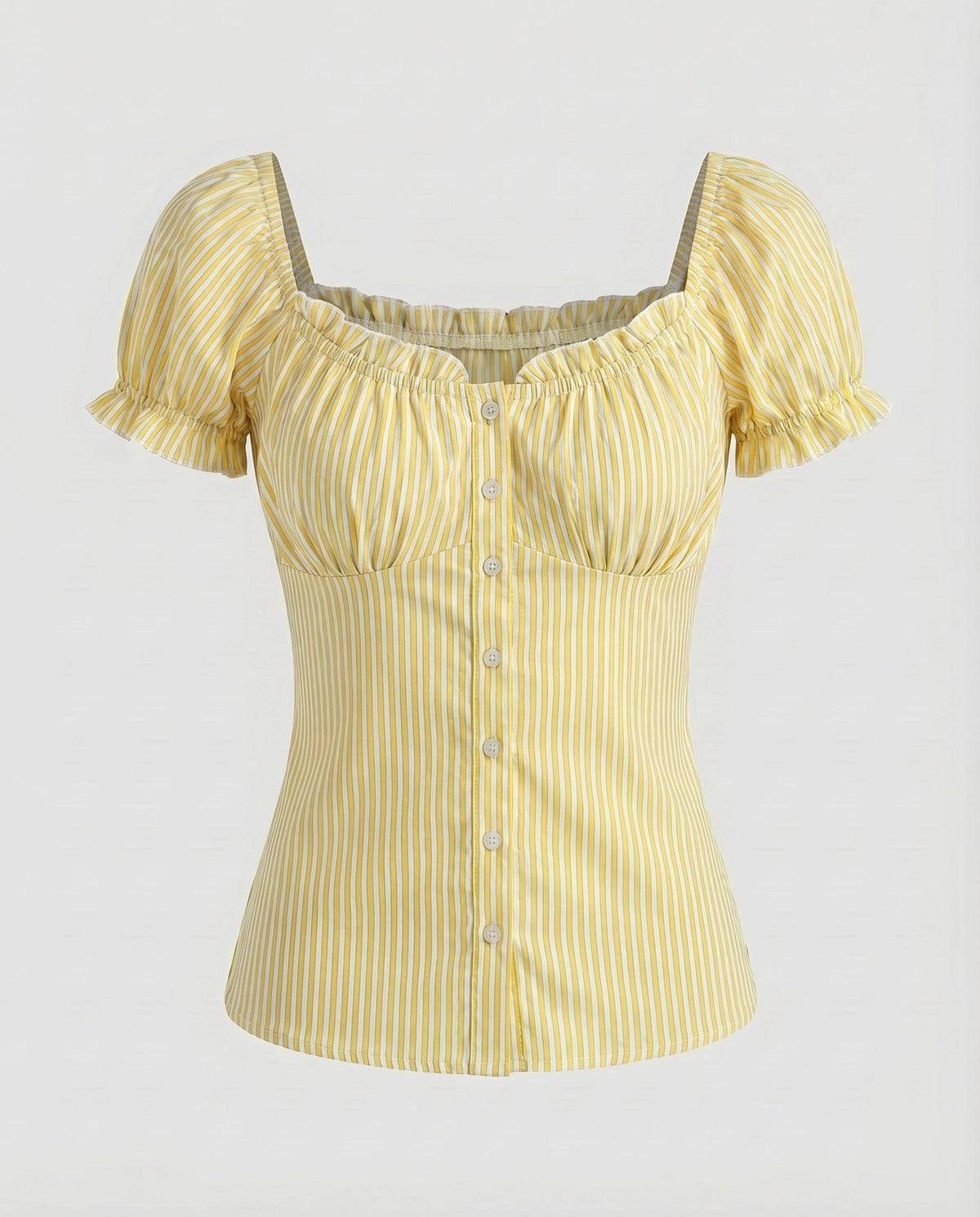 Women's fitted blouse top with ruffle details and button placket - product shot