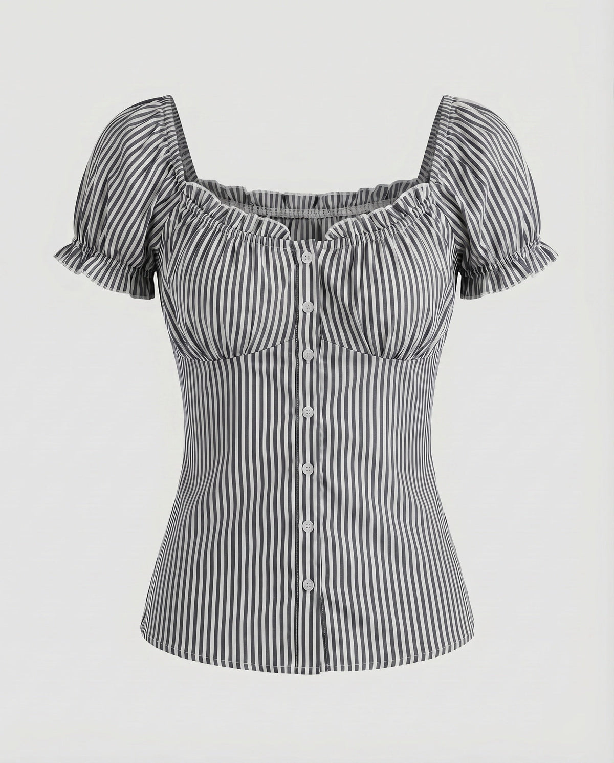 Women's fitted blouse top with ruffle details and button placket - product shot