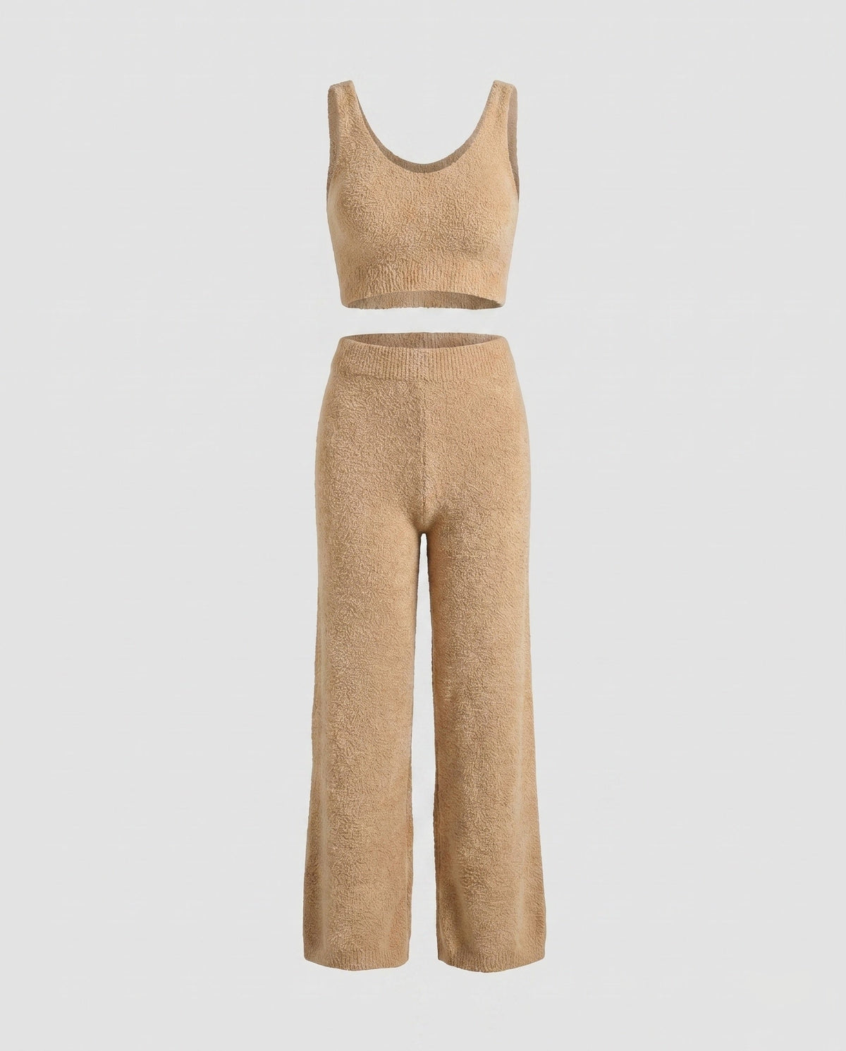 Women's knitted lounge set with refined crop top and wide leg pants - product shot