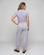 Women's casual knit set with short top and wide pants - back view