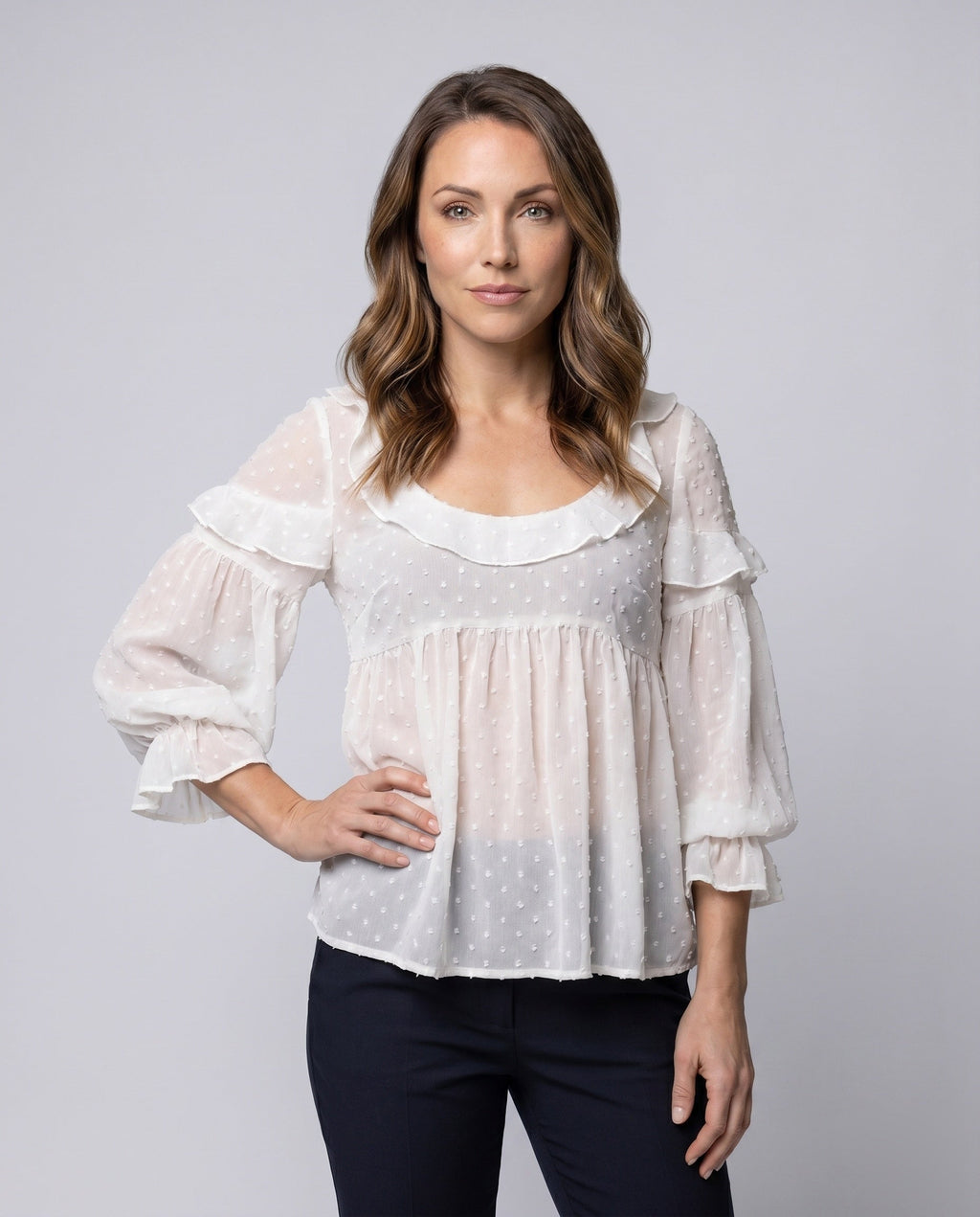 Women airy blouse shirt with ruffled hem and puff sleeves - upper body view