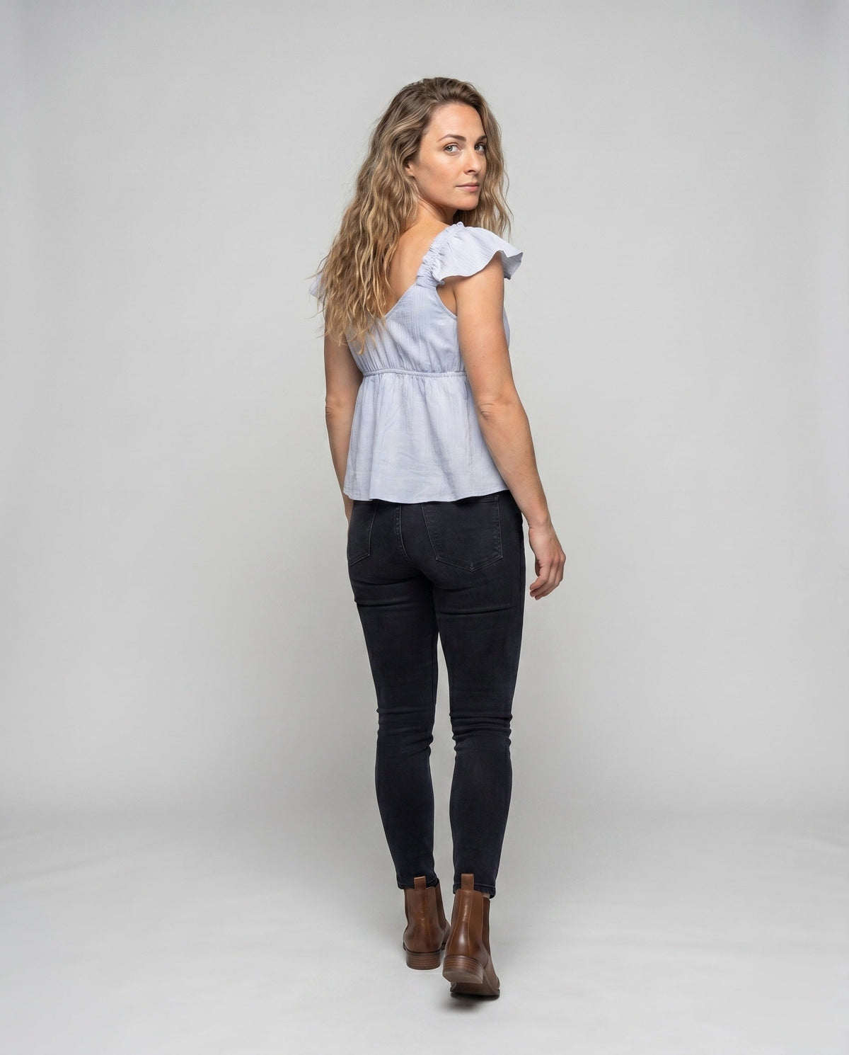 Women's Romantic Blouse Top with Ruffle Details - back view
