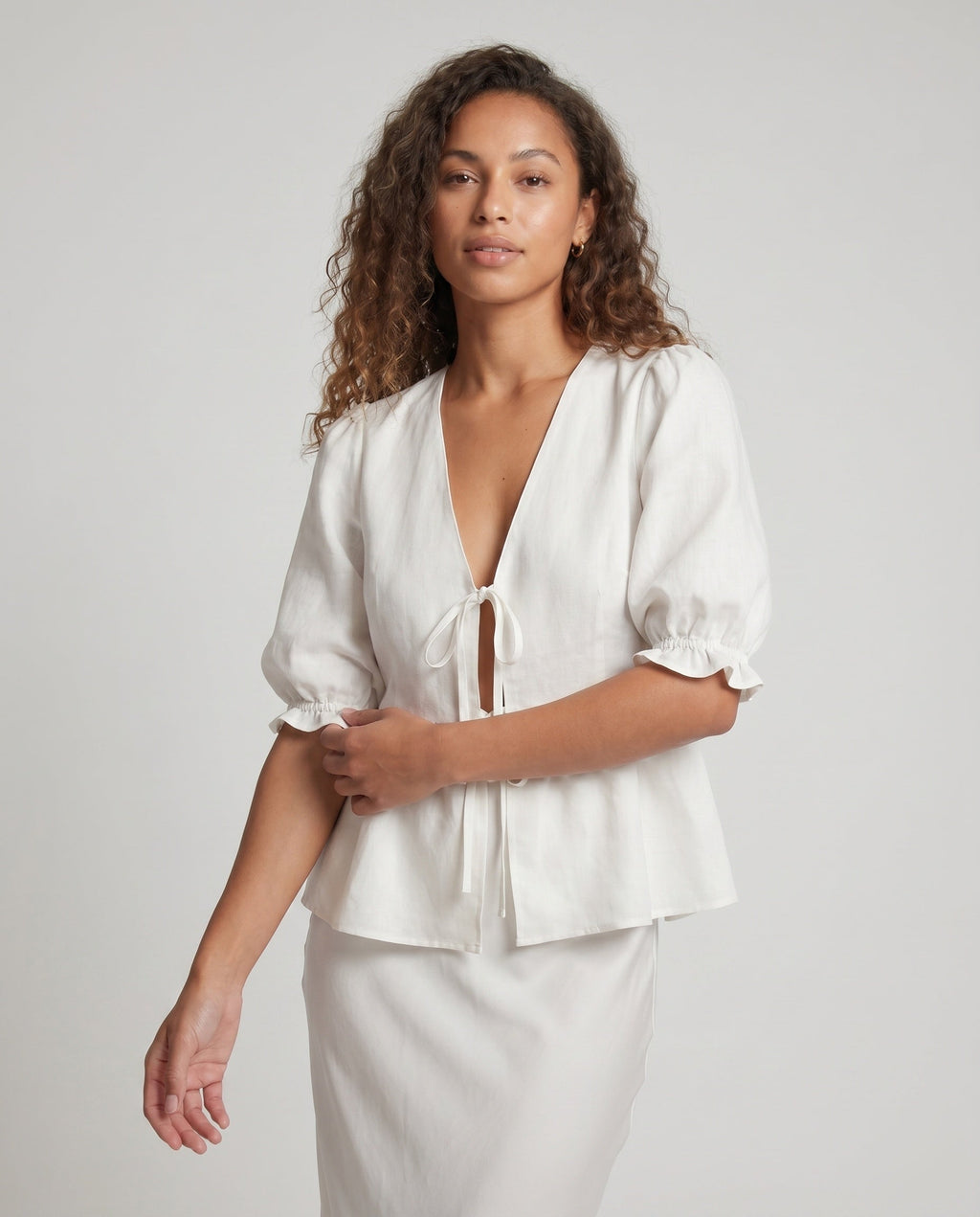 Women's Blouse Tunic with Low Back View and Playfully Gathered Design All Fashion - upper body view