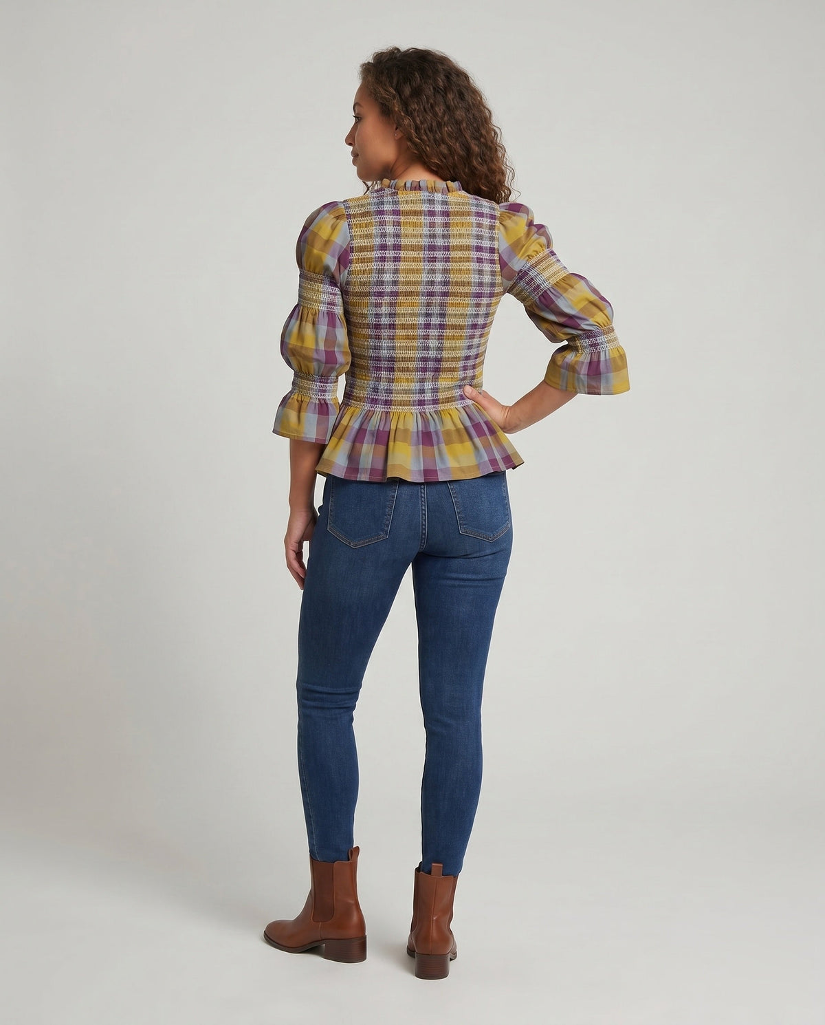 Women's blouse shirt with unique smock design and elegant puff sleeves All Fashion - back view
