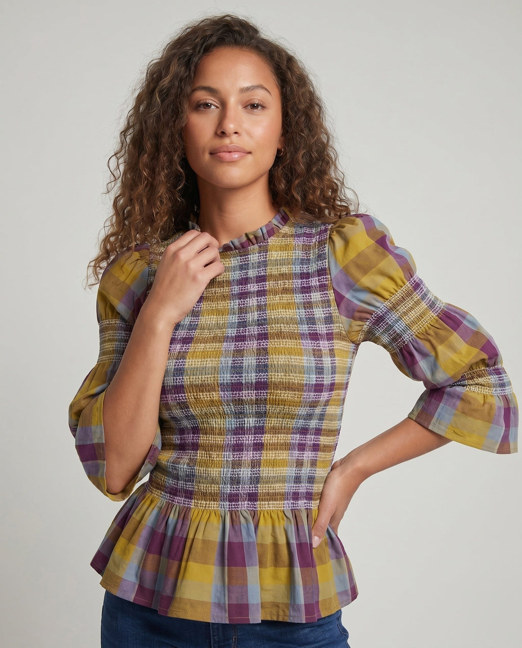 Women's blouse shirt with unique smock design and elegant puff sleeves All Fashion - upper body view