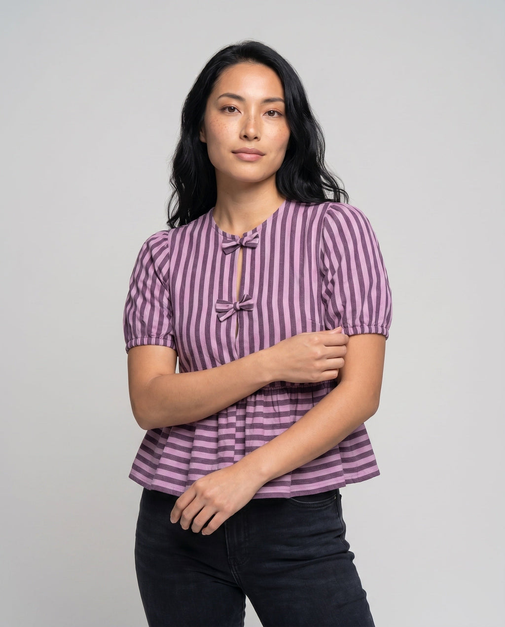 Women’s blouse shirt with playful ruffles and striped pattern All Fashion - upper body view