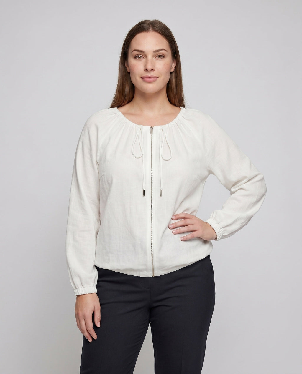 Women's airy blouse top with drawstring and casual cut - upper body view