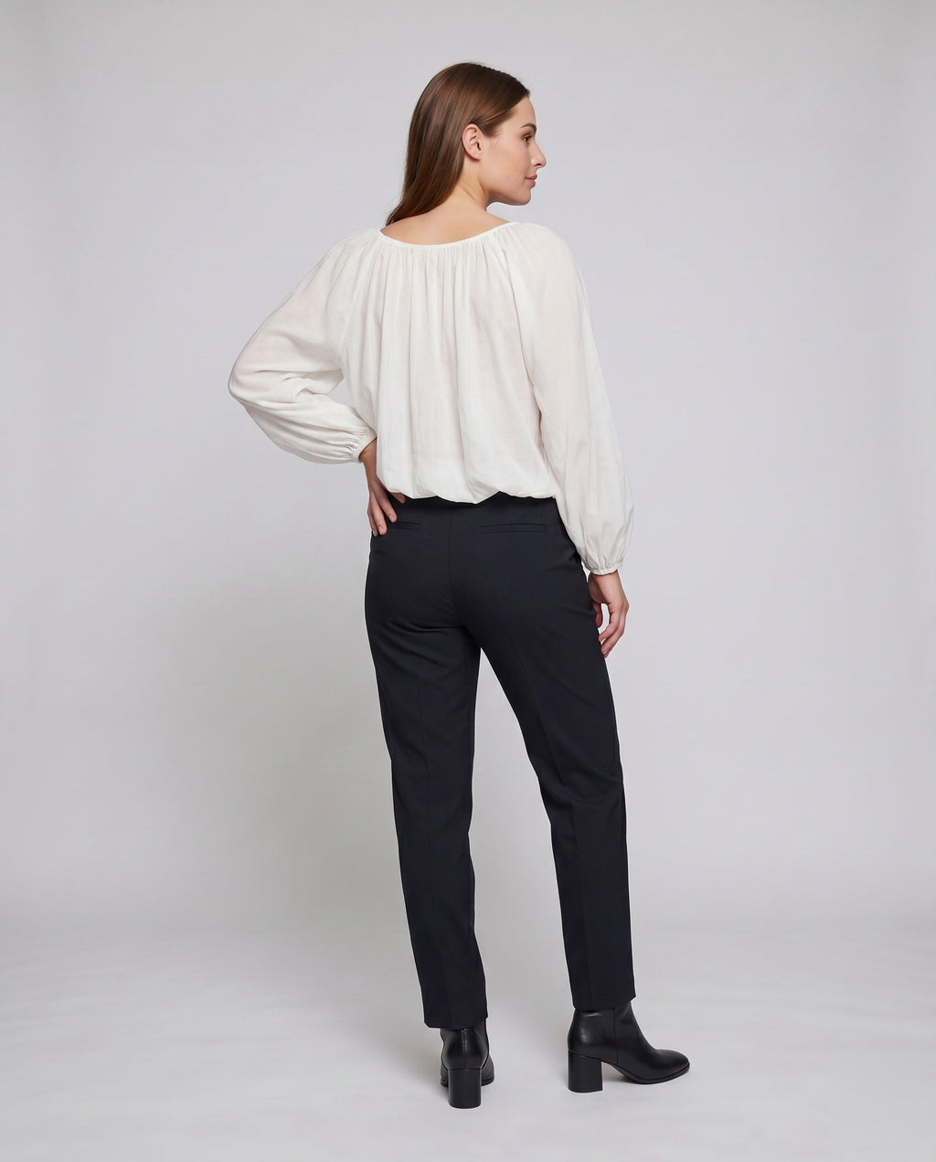 Women's airy blouse shirt with elastic puff sleeves and deep round neckline - back view