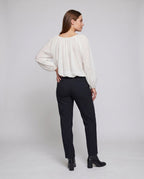 Women's airy blouse shirt with elastic puff sleeves and deep round neckline - back view