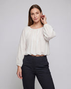Women's airy blouse shirt with elastic puff sleeves and deep round neckline - upper body view