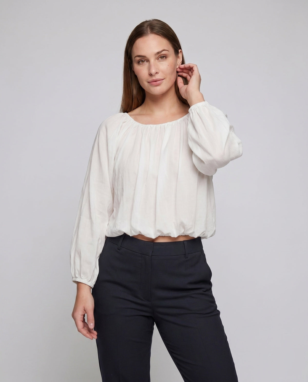 Women's airy blouse shirt with elastic puff sleeves and deep round neckline - upper body view