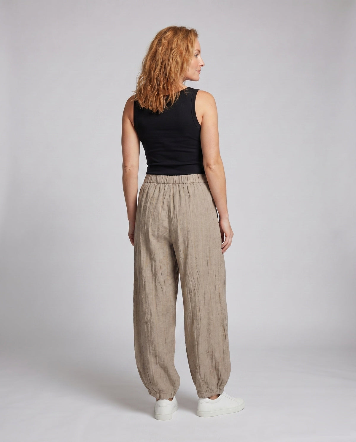Ladies wide Palazzo pants with elegant striped pattern and high waistband - back view