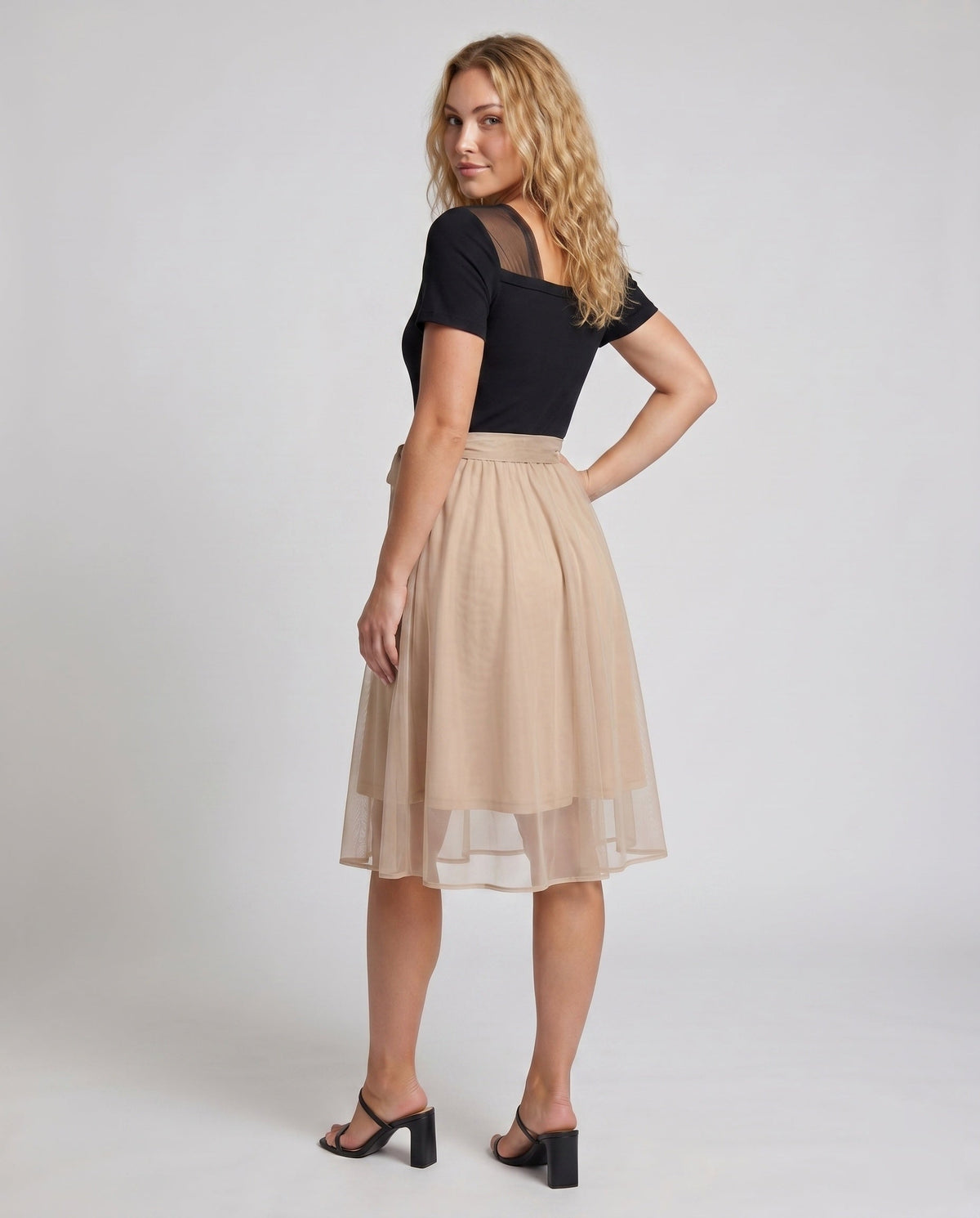 Ladies Elegant Blouse Dress with Asymmetrical Skirt and Fine Accents All Fashion - back view
