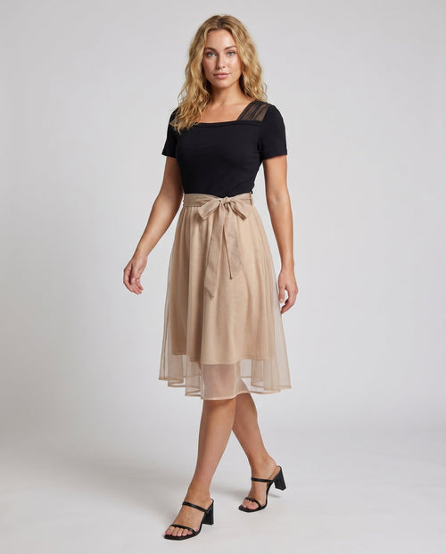 Ladies Elegant Blouse Dress with Asymmetrical Skirt and Fine Accents All Fashion - front view