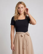 Ladies Elegant Blouse Dress with Asymmetrical Skirt and Fine Accents All Fashion - upper body view