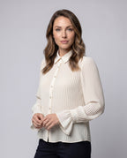 Women Elegant Pleated Blouse Dress with Waist Belt All Fashion - upper body view