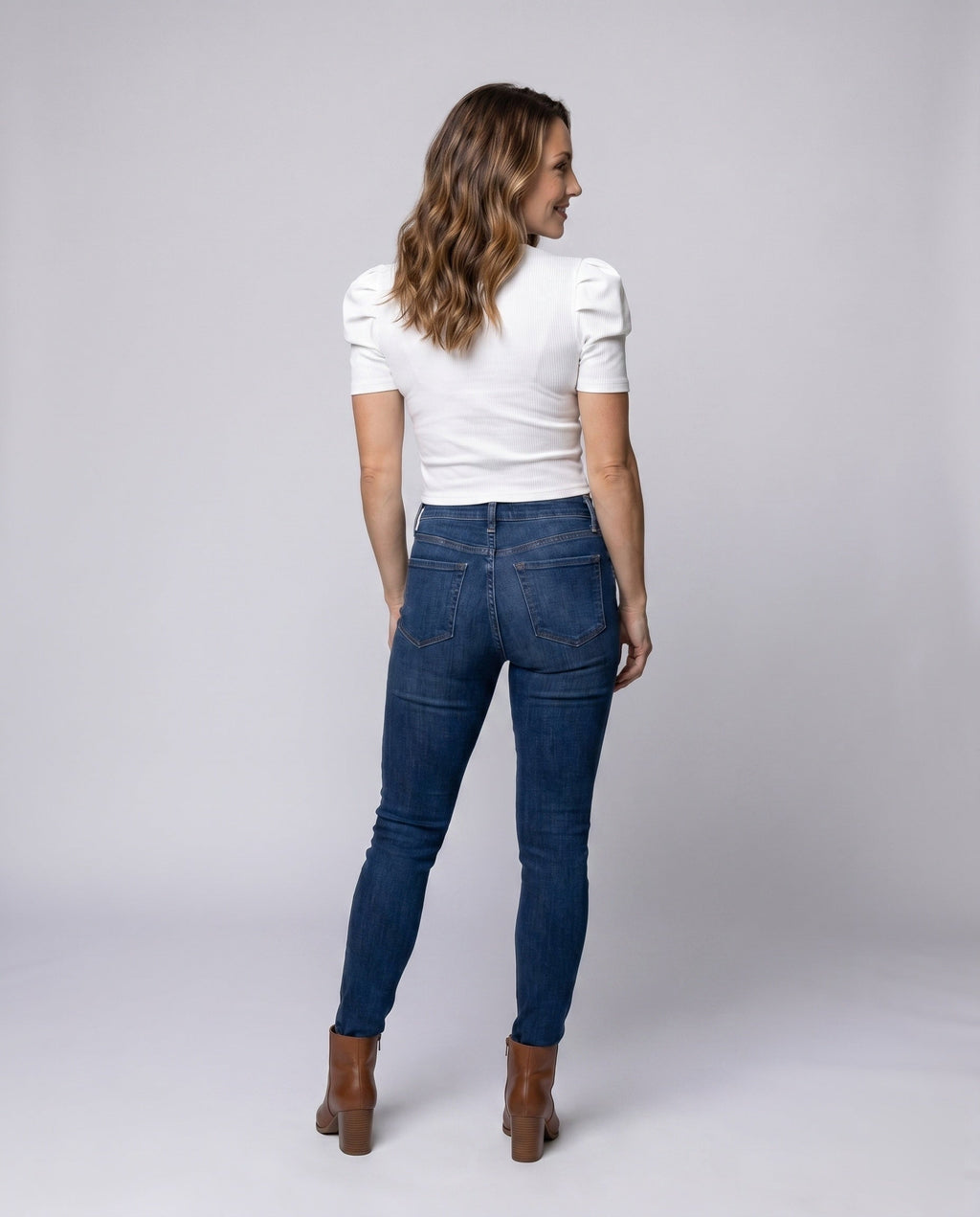 Ladies Short-Sleeved Blouse Top with Puff Sleeves and Figure-Hugging Cut All Fashion - back view