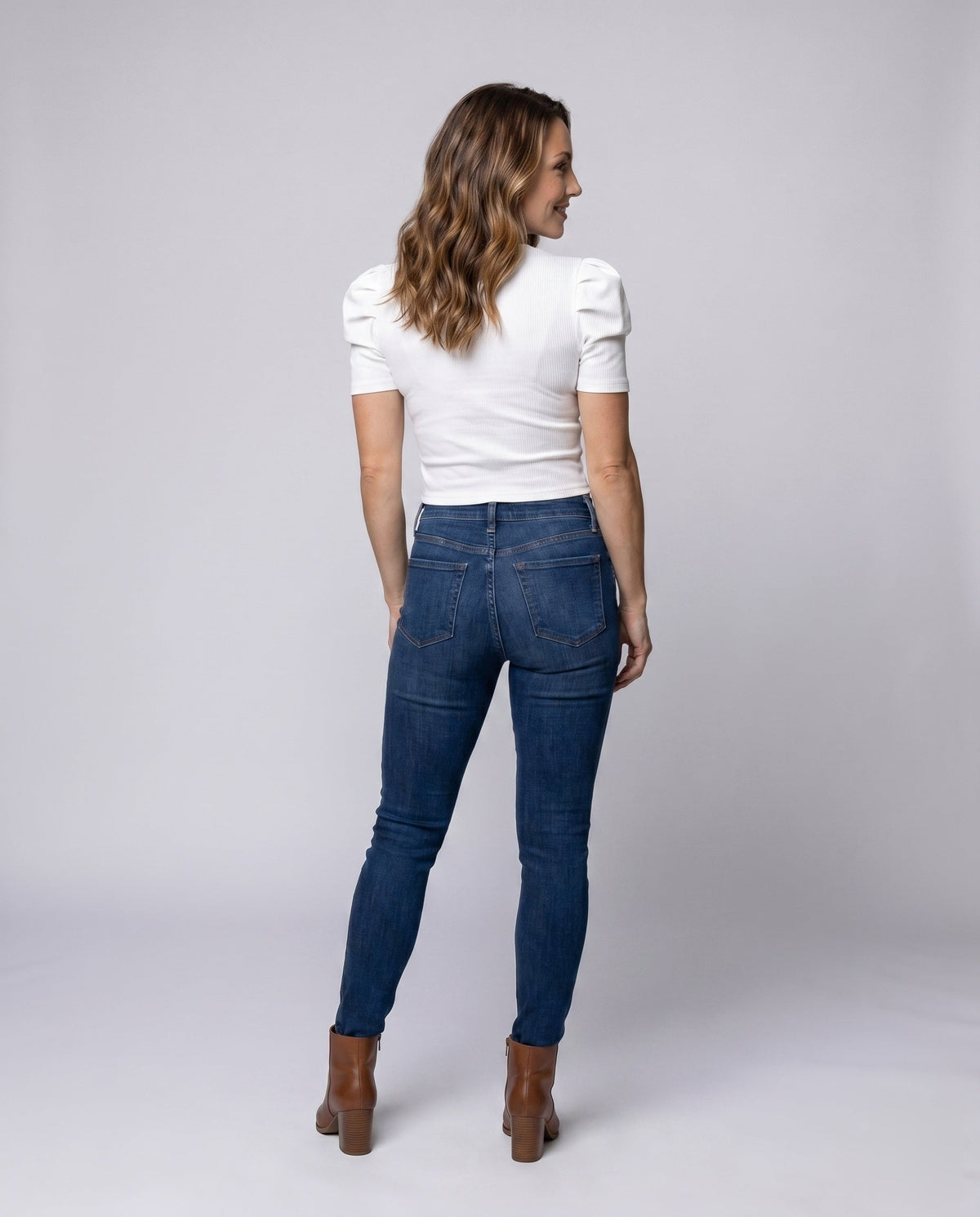 Ladies Short-Sleeved Blouse Top with Puff Sleeves and Figure-Hugging Cut All Fashion - back view