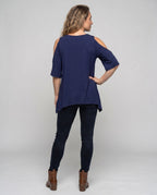 Women's casual blouse shirt with special shoulder cutouts and swinging hem All Fashion - back view