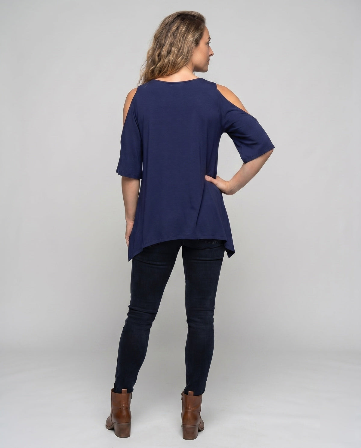 Women's casual blouse shirt with special shoulder cutouts and swinging hem All Fashion - back view