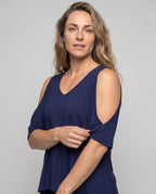 Women's casual blouse shirt with special shoulder cutouts and swinging hem All Fashion - upper body view