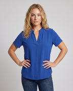 Women loose blouse top with V-neck and short sleeves All Fashion - upper body view