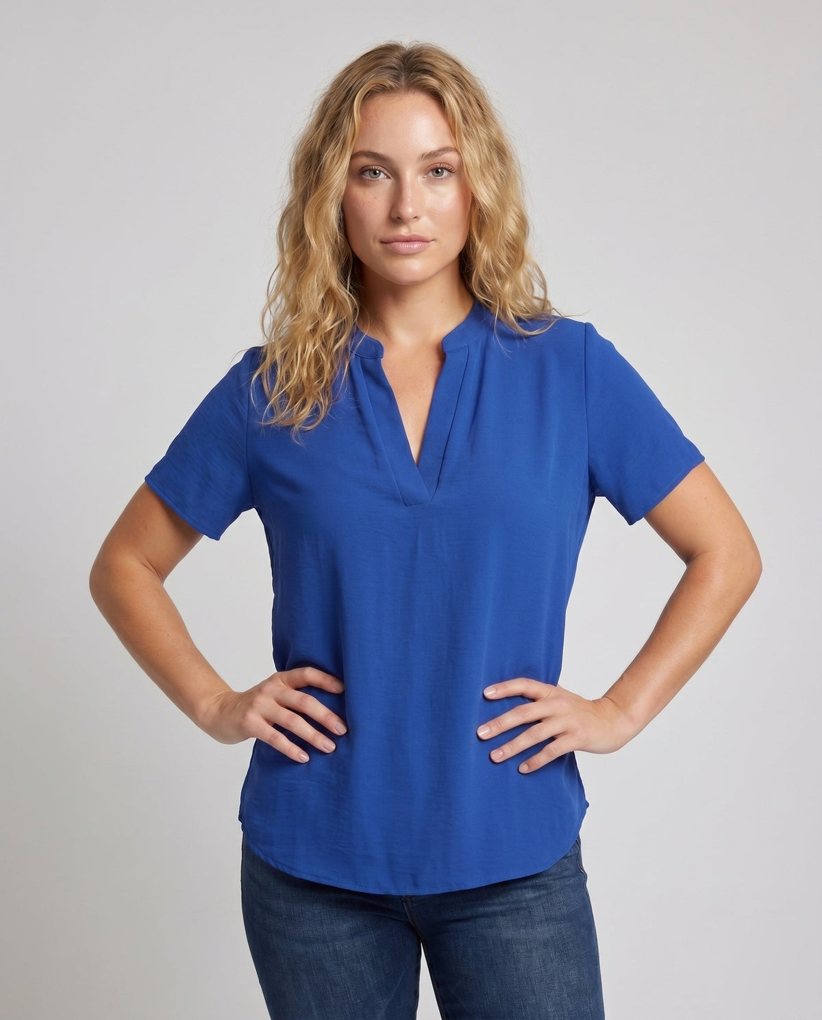 Women loose blouse top with V-neck and short sleeves All Fashion - upper body view
