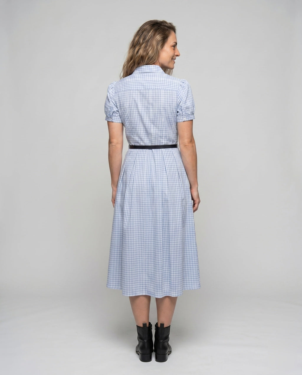 Ladies blouse dress with tailored design and elegant check pattern - back view