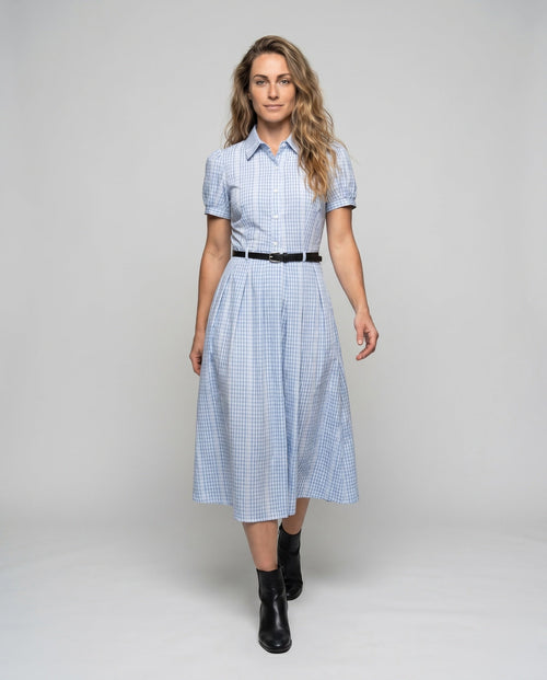 Ladies blouse dress with tailored design and elegant check pattern - front view