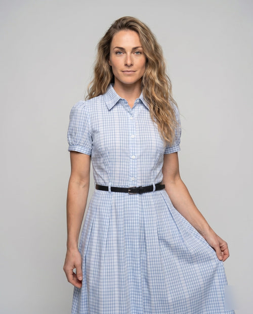 Ladies blouse dress with tailored design and elegant check pattern - upper body view