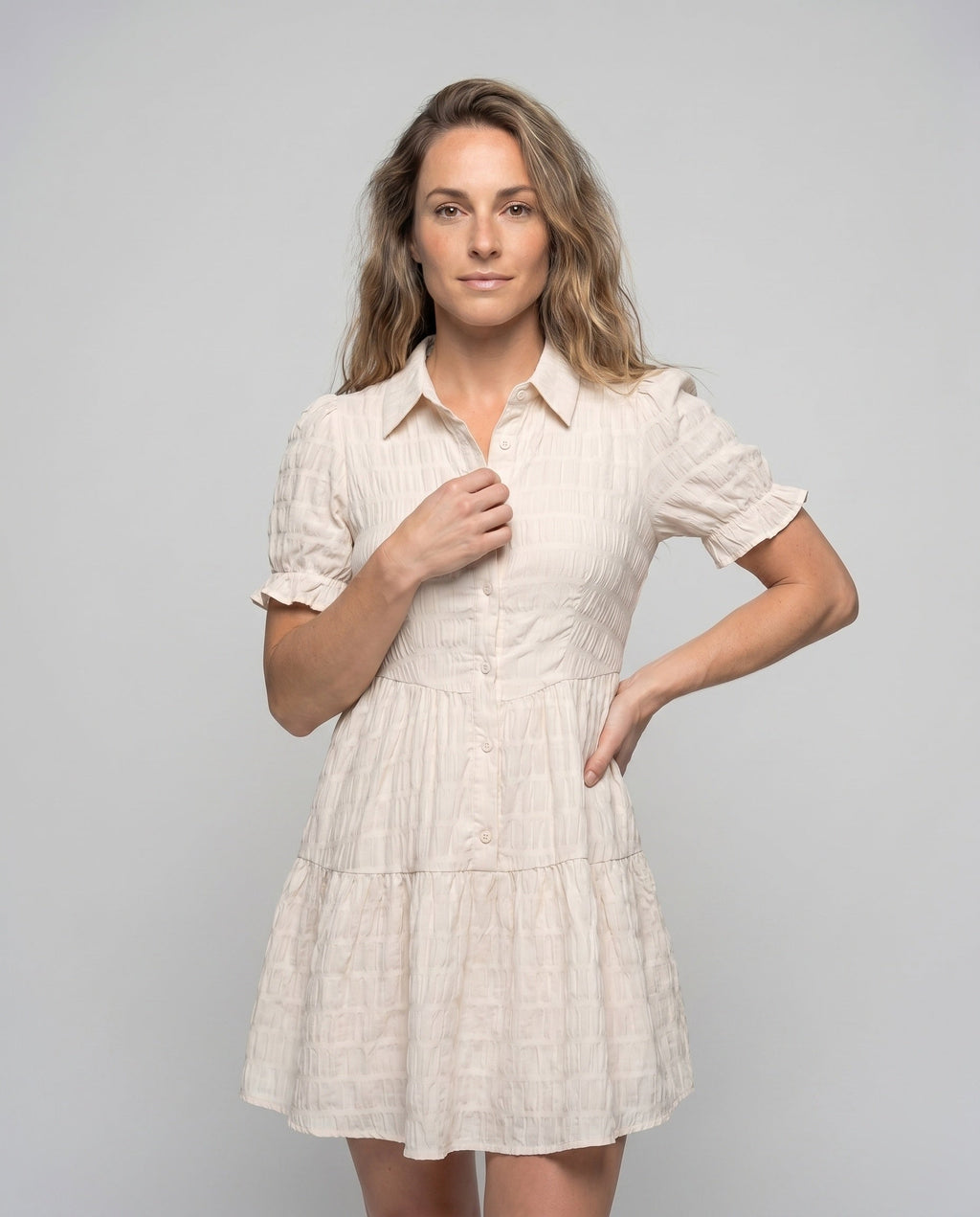 Ladies airy blouse dress with belted waist and slit sleeves - upper body view