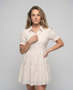 Ladies airy blouse dress with belted waist and slit sleeves - upper body view