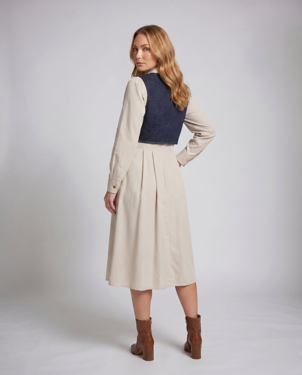 Ladies midi blouse dress with elegant collar and button placket - back view
