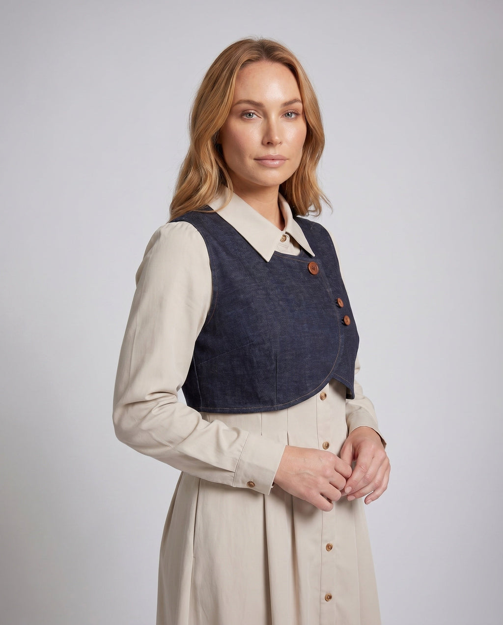 Ladies midi blouse dress with elegant collar and button placket - upper body view