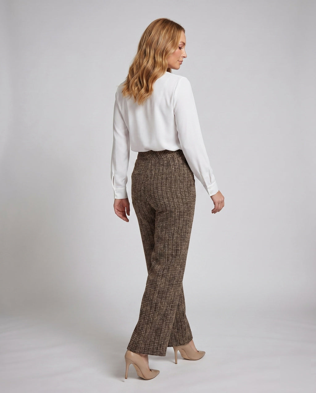Ladies elegant tweed trousers with high waist and decorative buttons - back view