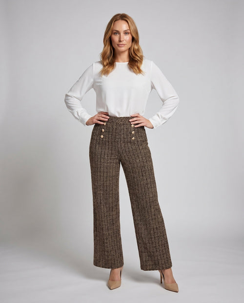 Ladies elegant tweed trousers with high waist and decorative buttons - front view