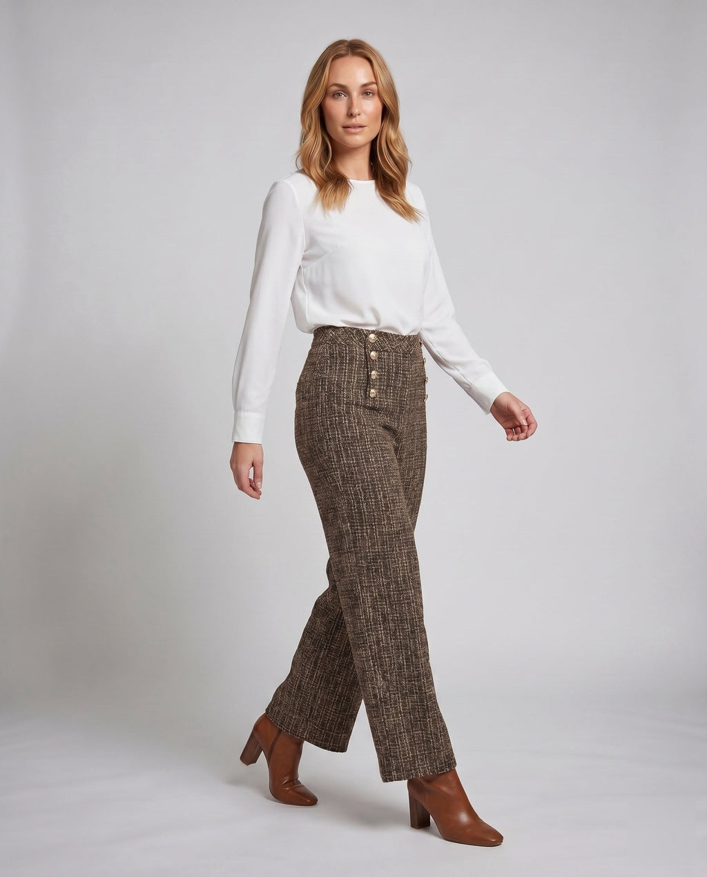 Ladies elegant tweed trousers with high waist and decorative buttons - lower body view