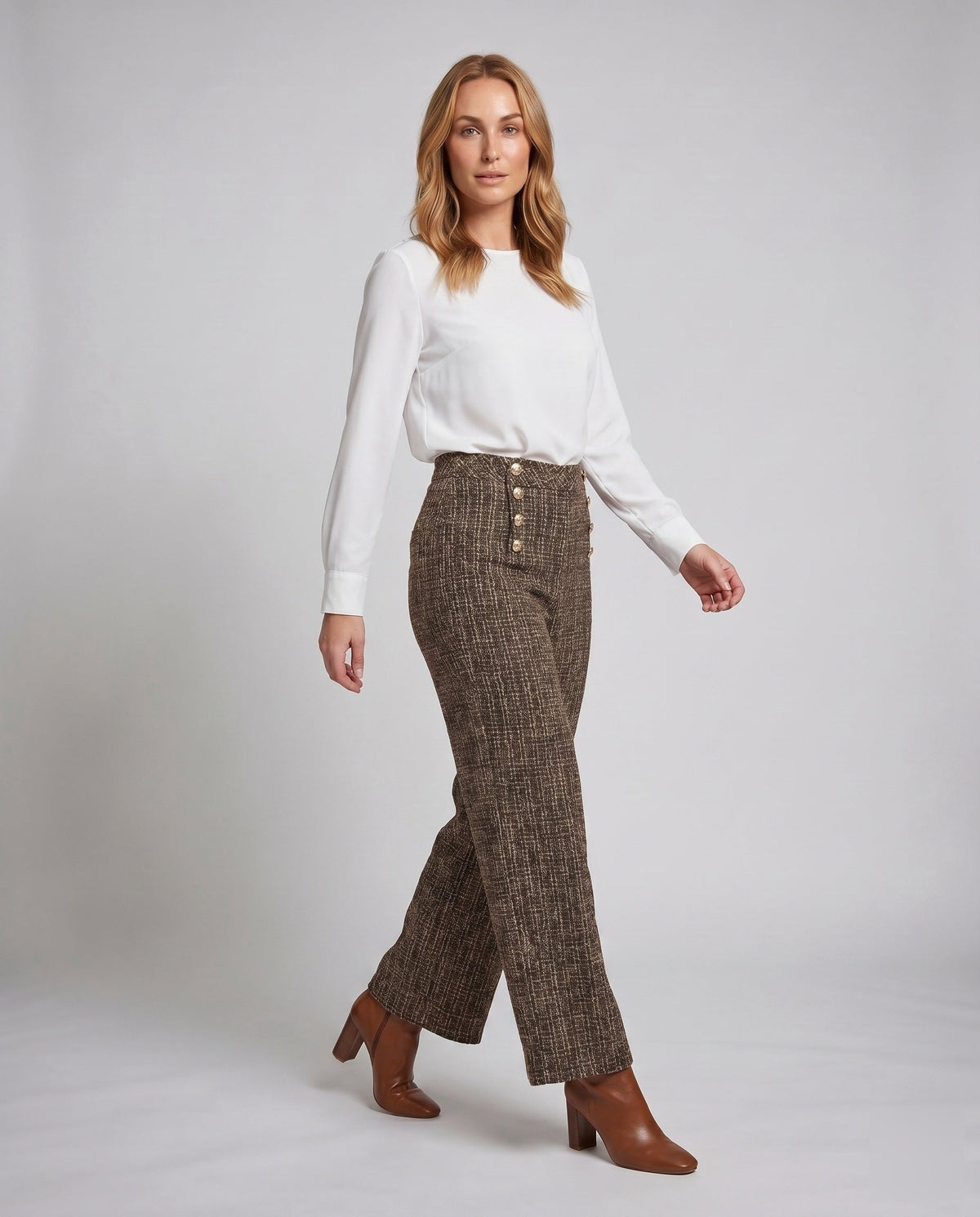 Ladies elegant tweed trousers with high waist and decorative buttons - lower body view