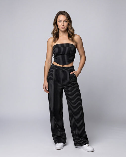 Ladies High-Quality Stripe Set consisting of Crop Top and Wide Cut Pants - front view