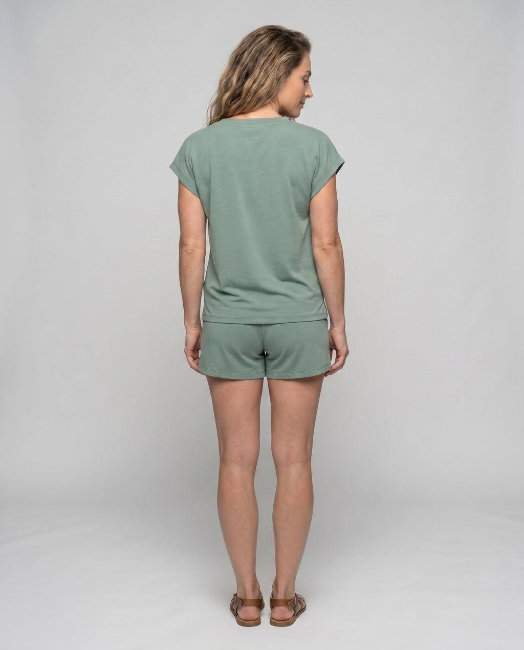 Women's Short Sleeve Shirt and Pants Set with Button Details - back view