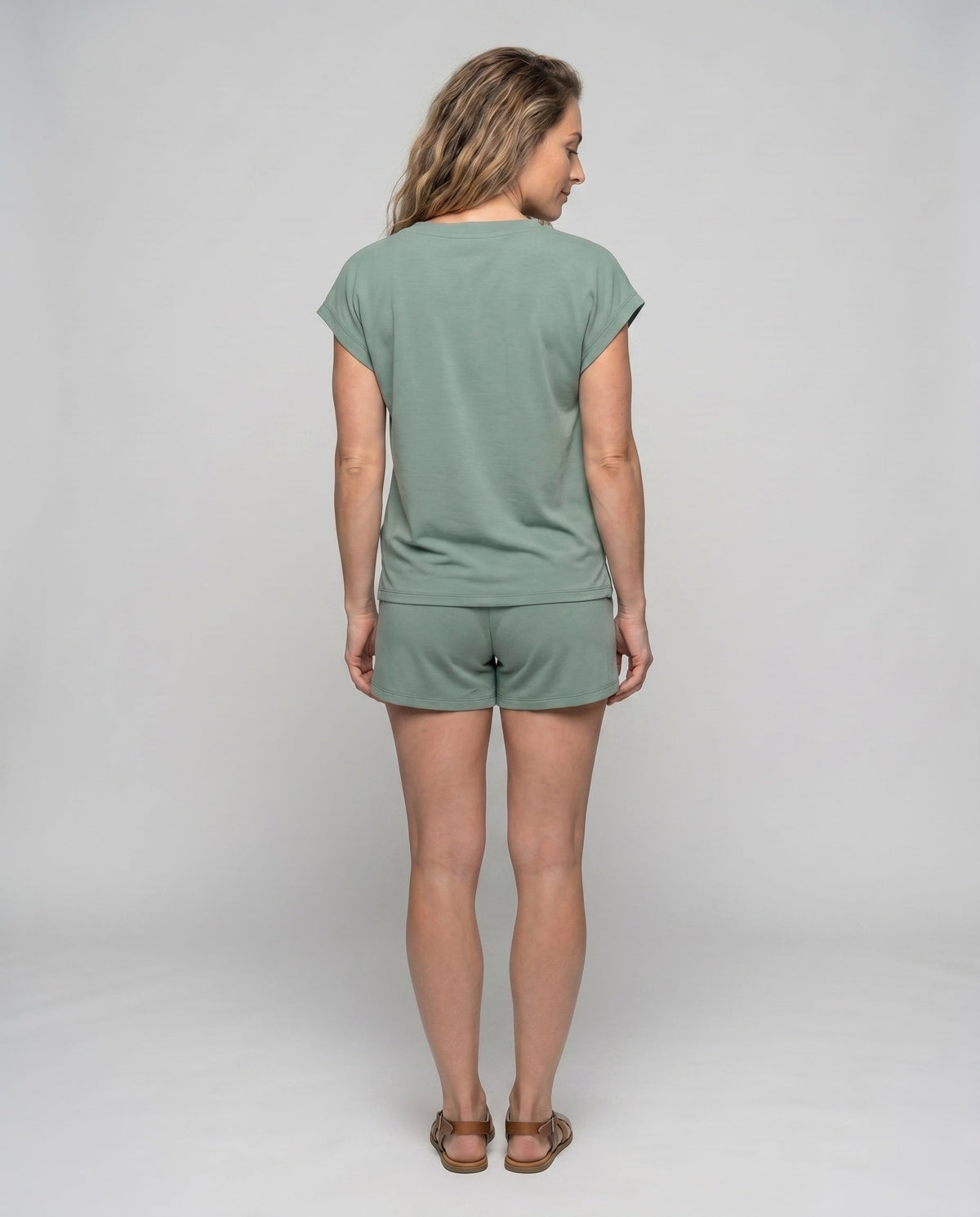 Women's Short Sleeve Shirt and Pants Set with Button Details - back view