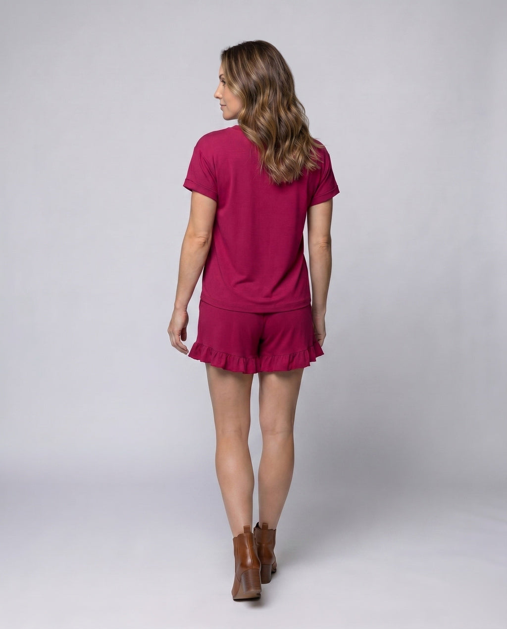 Women's pajamas set with breezy shorts and V-neck - back view