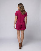 Women's pajamas set with breezy shorts and V-neck - back view