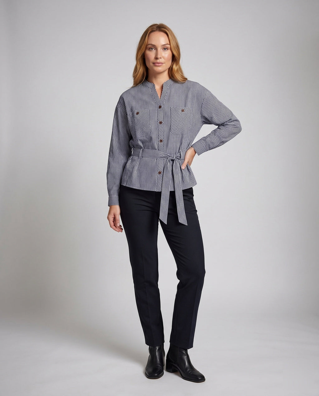 Women's blouse jacket with exciting striped pattern and practical pockets - front view