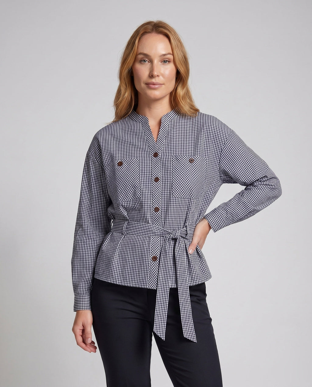 Women's blouse jacket with exciting striped pattern and practical pockets - upper body view