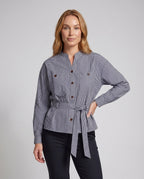 Women's blouse jacket with exciting striped pattern and practical pockets - upper body view